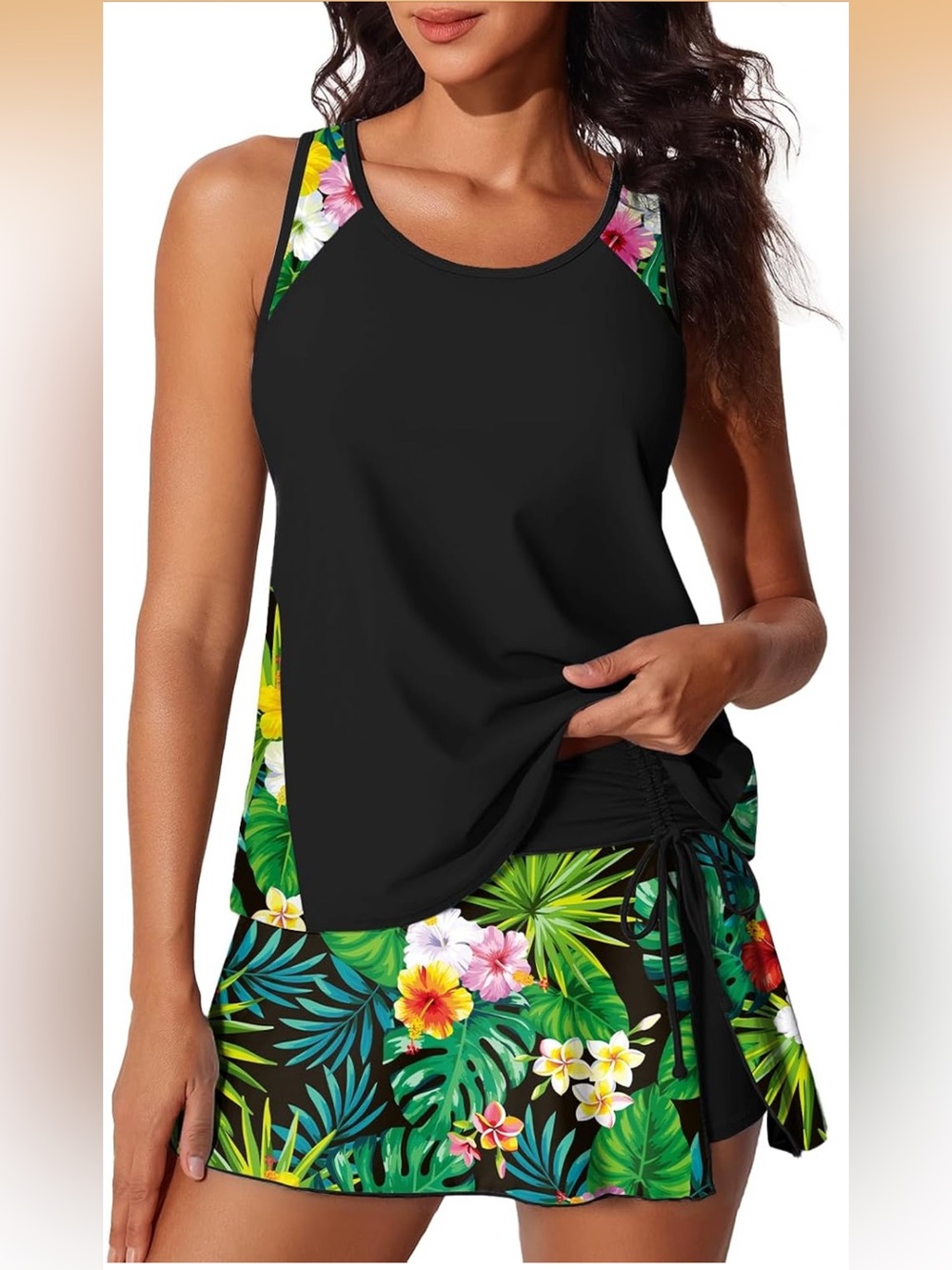 Women’s Black Tankini Top with Tropical Floral Accents